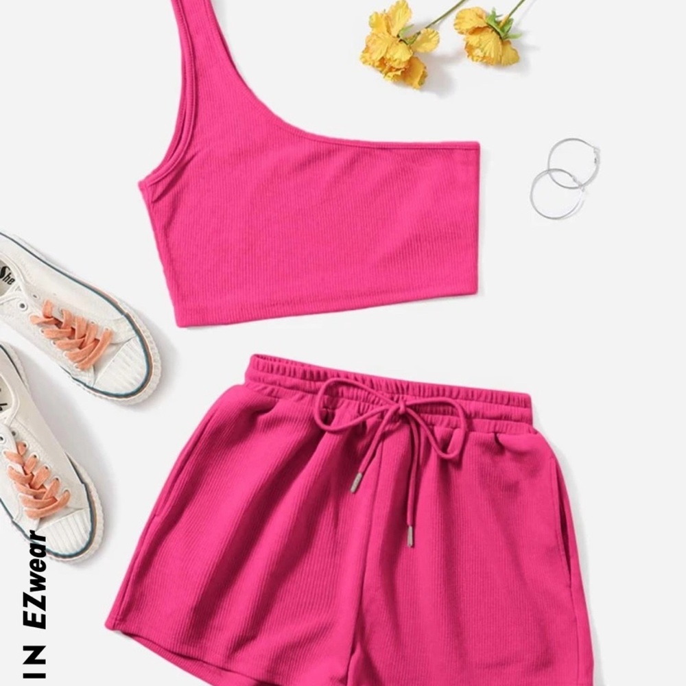 EZwear Fuchsia One-Shoulder Top and Shorts Set